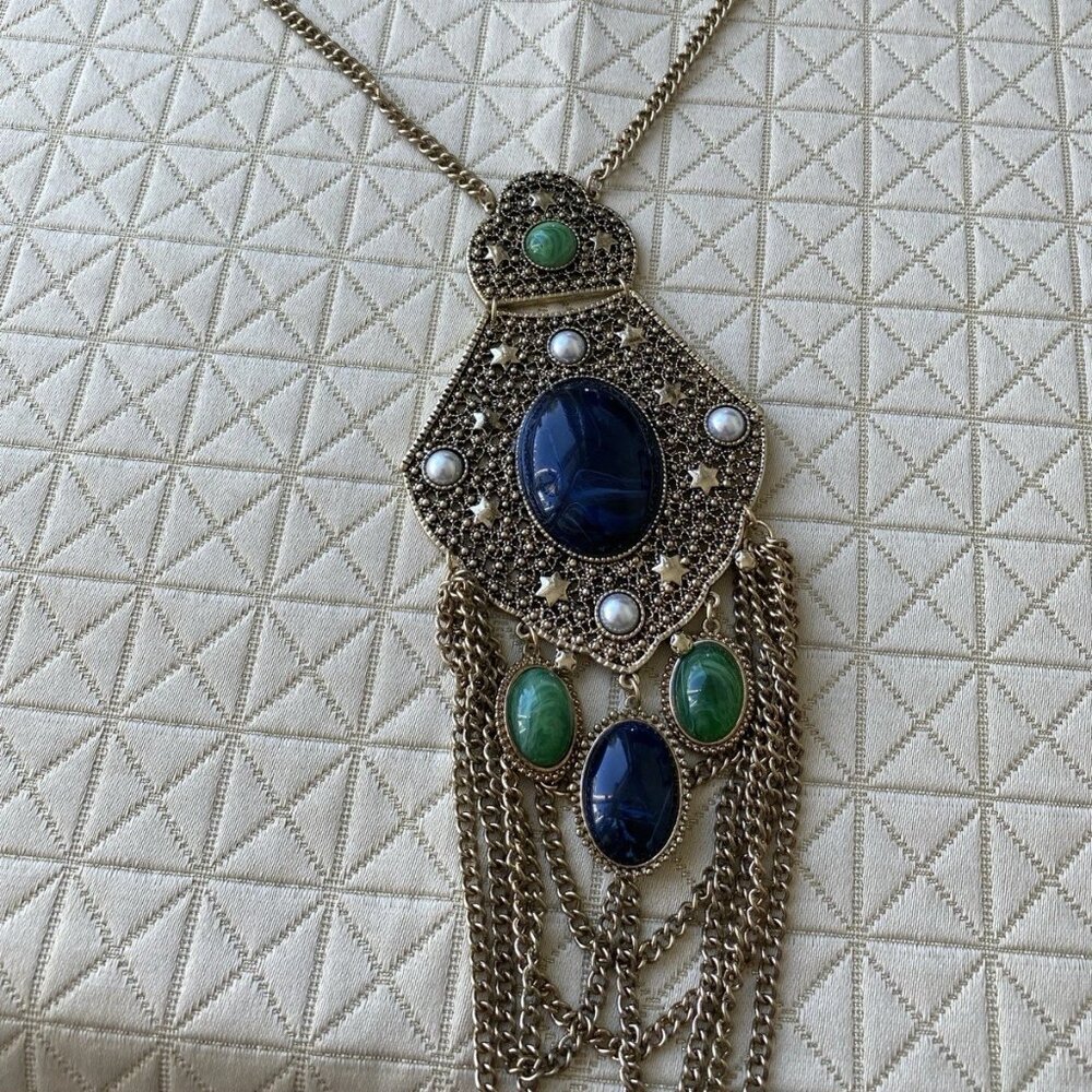 Vintage Boho Statement Necklace with Blue & Green Cabochons and Chains